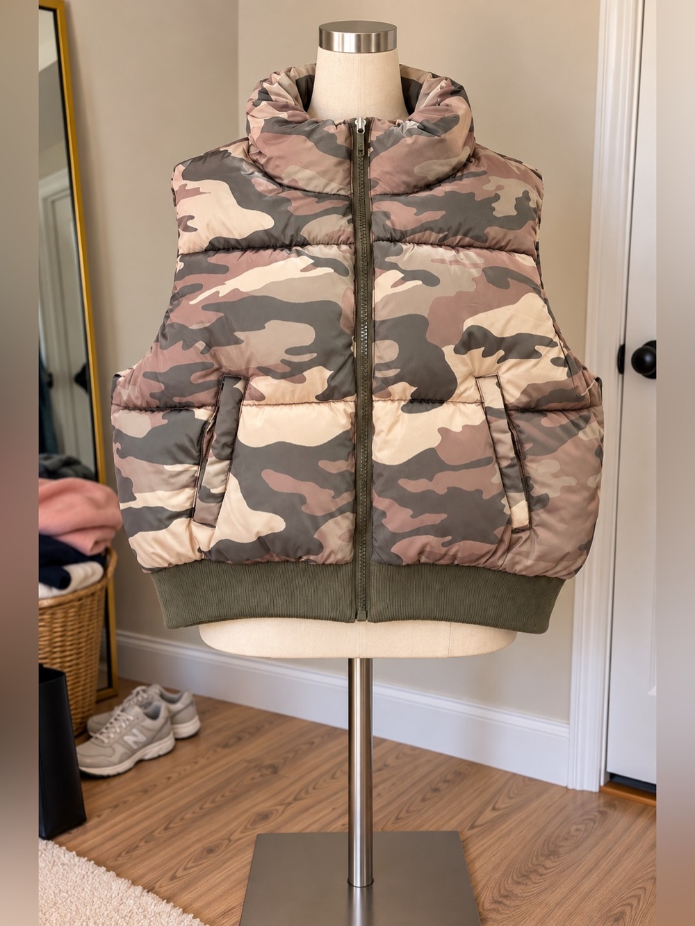 Camo Puffer Vest - Olive & Blush